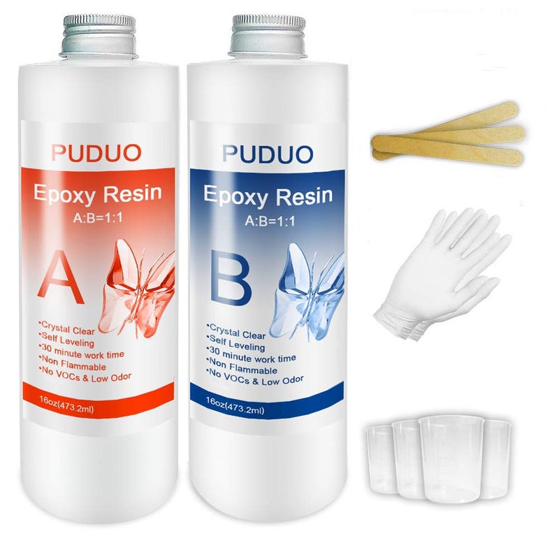 Puduo Epoxy Resin Casting and Coating Kit for Art, Jewelry, Crafts - 32 Oz | Bonus 4 pcs Graduated Cups, 3pcs Sticks, 1 Pair Rubber Gloves by Puduo - Image 1